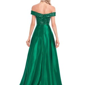 XUIBOL Backless Floor-Length Dress Women Elegant Party Sequin Bridesmaid Prom Slim V-Neck Split Long Evening Dress Green Prom